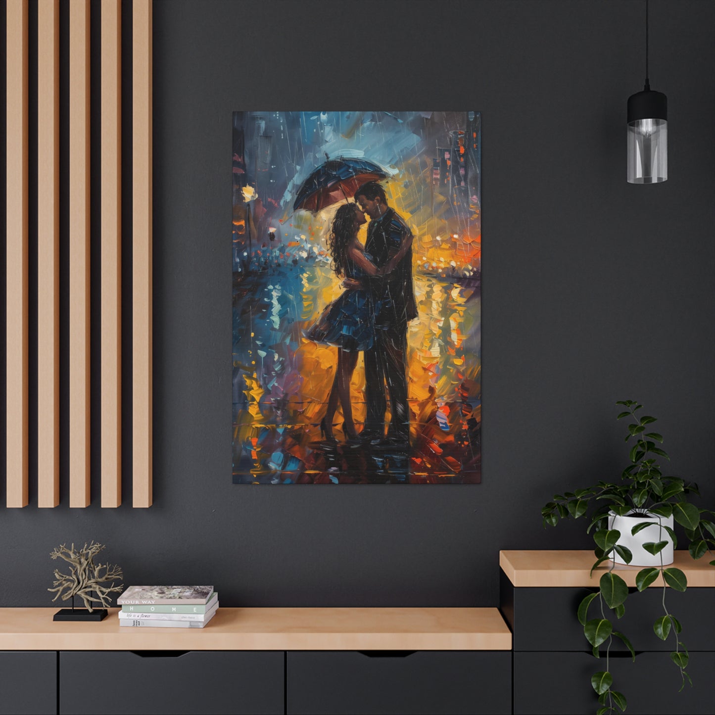 couple in the city streets in a rainy day with umbrella - Leonid Afremov Style Digital Print Canvas Gallery Wraps