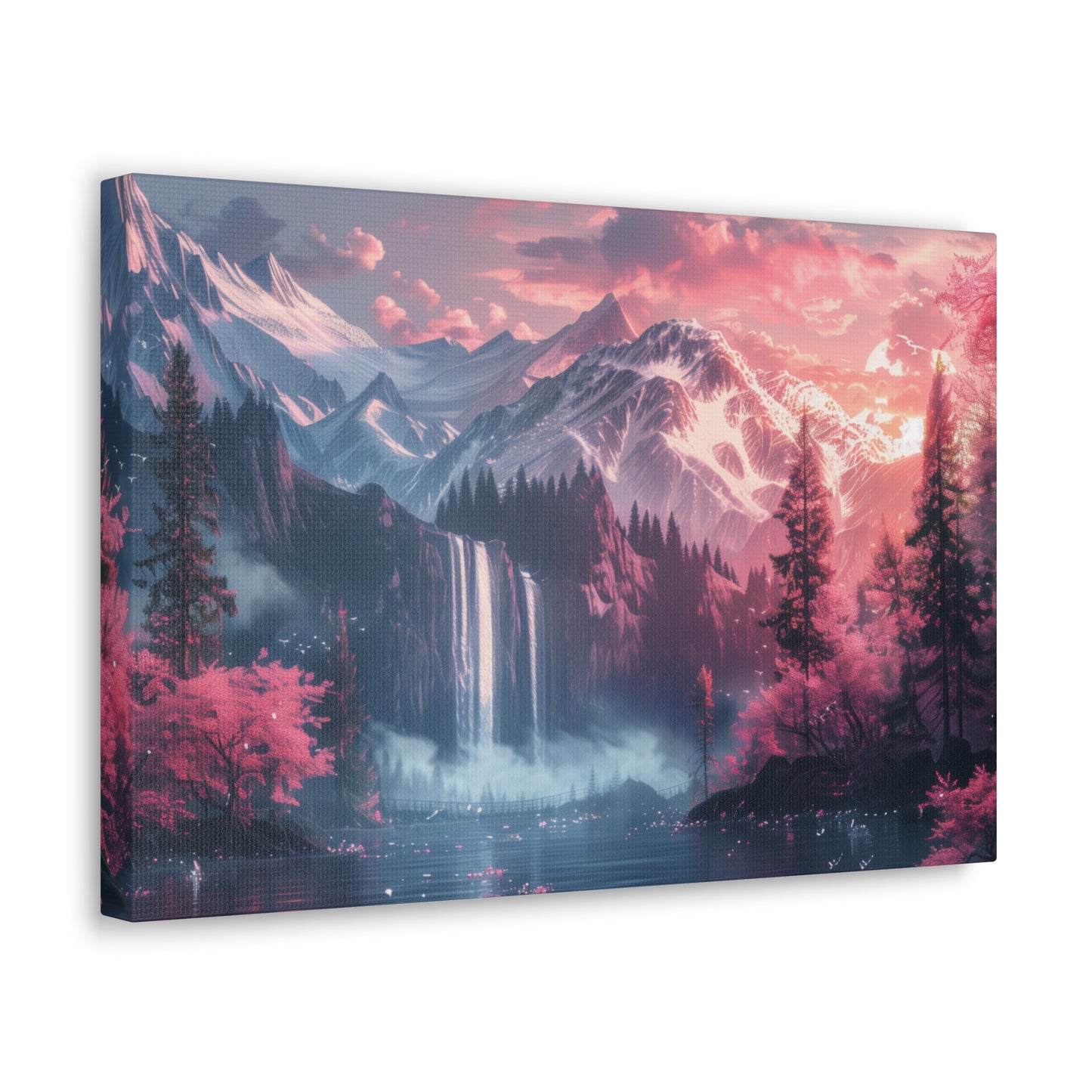 Dreamy Landscape Sunset with Waterfall and Mountains - Digital Illustration Canvas Gallery Wraps