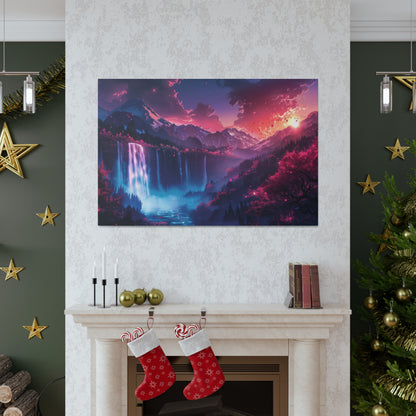 Dreamy Landscape Sunset with Waterfall and Mountains - Digital Illustration Canvas Gallery Wraps