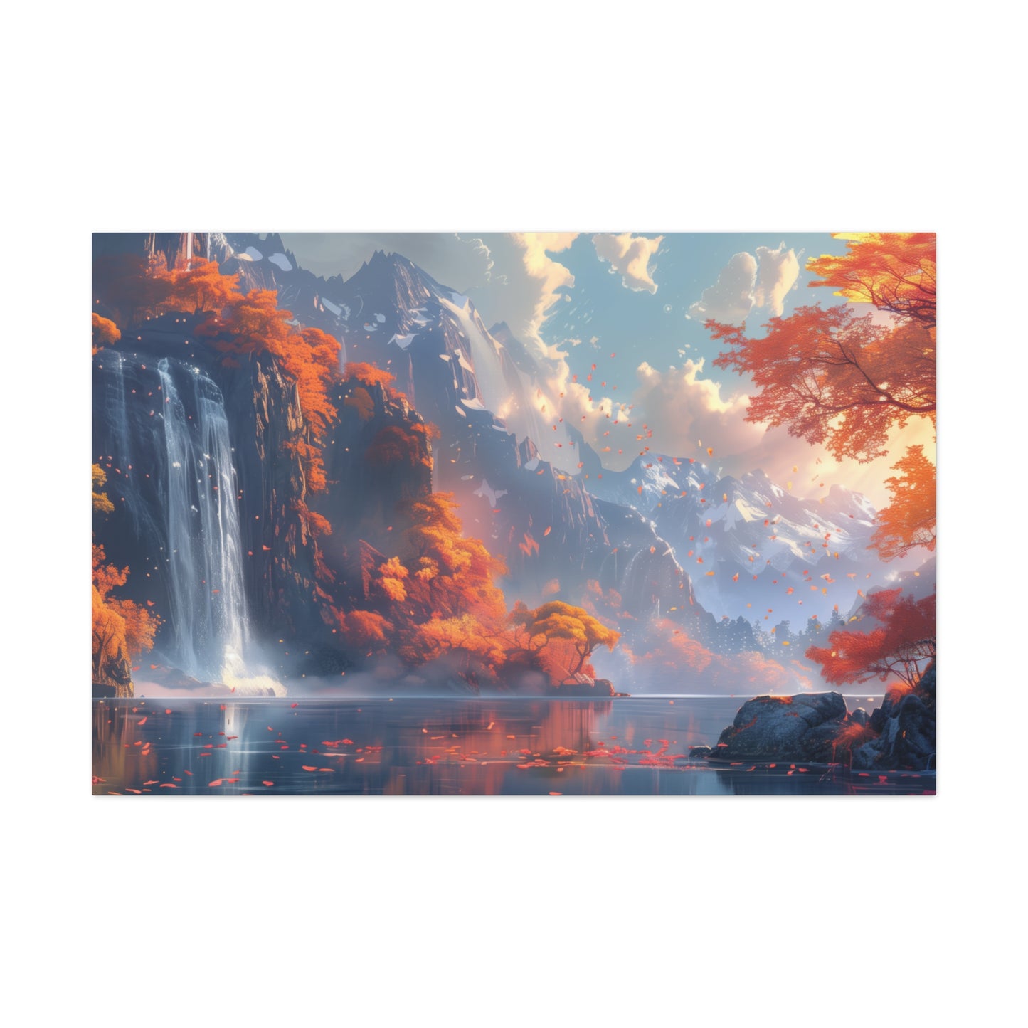 Dreamy Landscape Sunset with Waterfall and Mountains - Digital Illustration Canvas Gallery Wraps