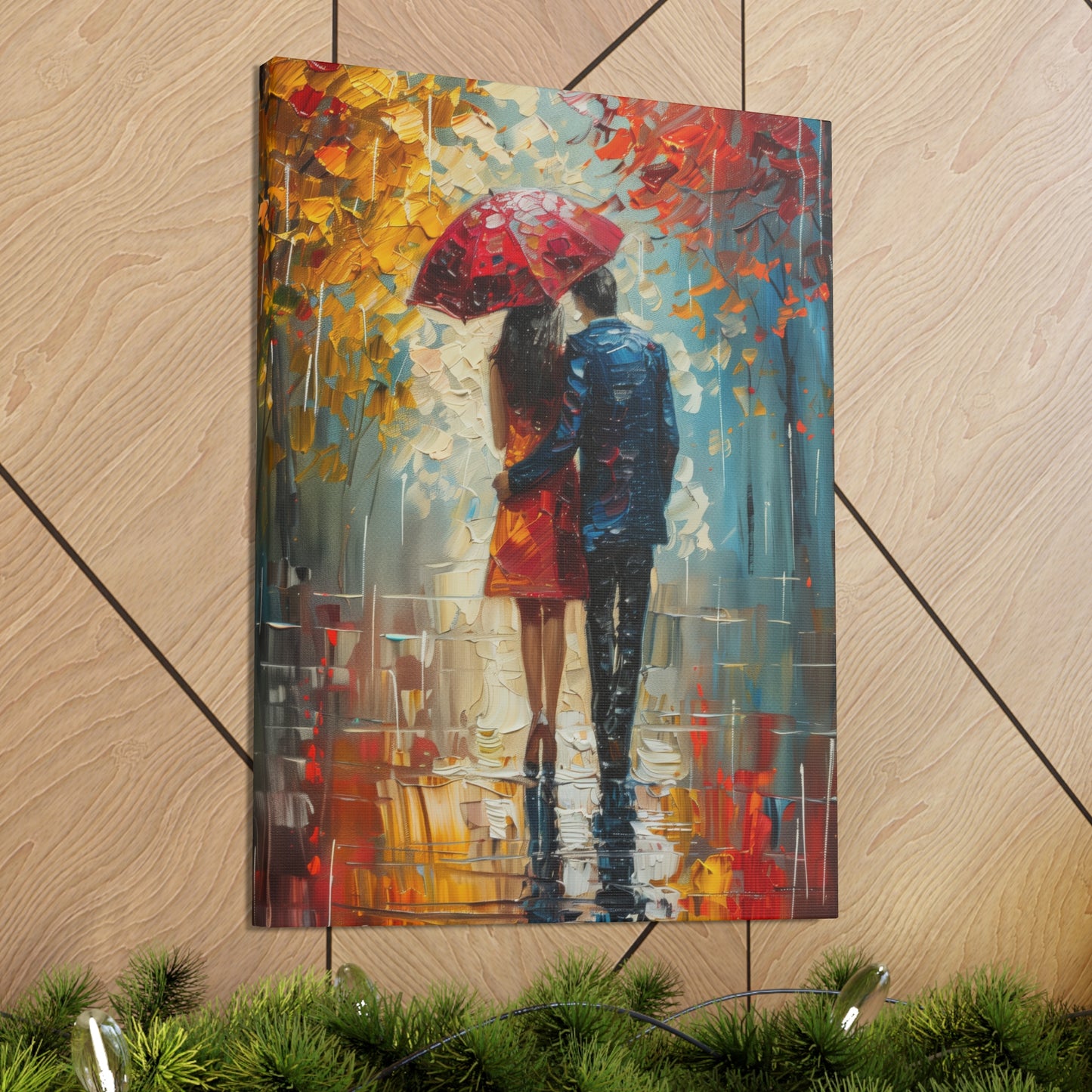 lovely couple holding a umbrella in rain - Leonid Afremov Style Digital Print Canvas Gallery Wraps