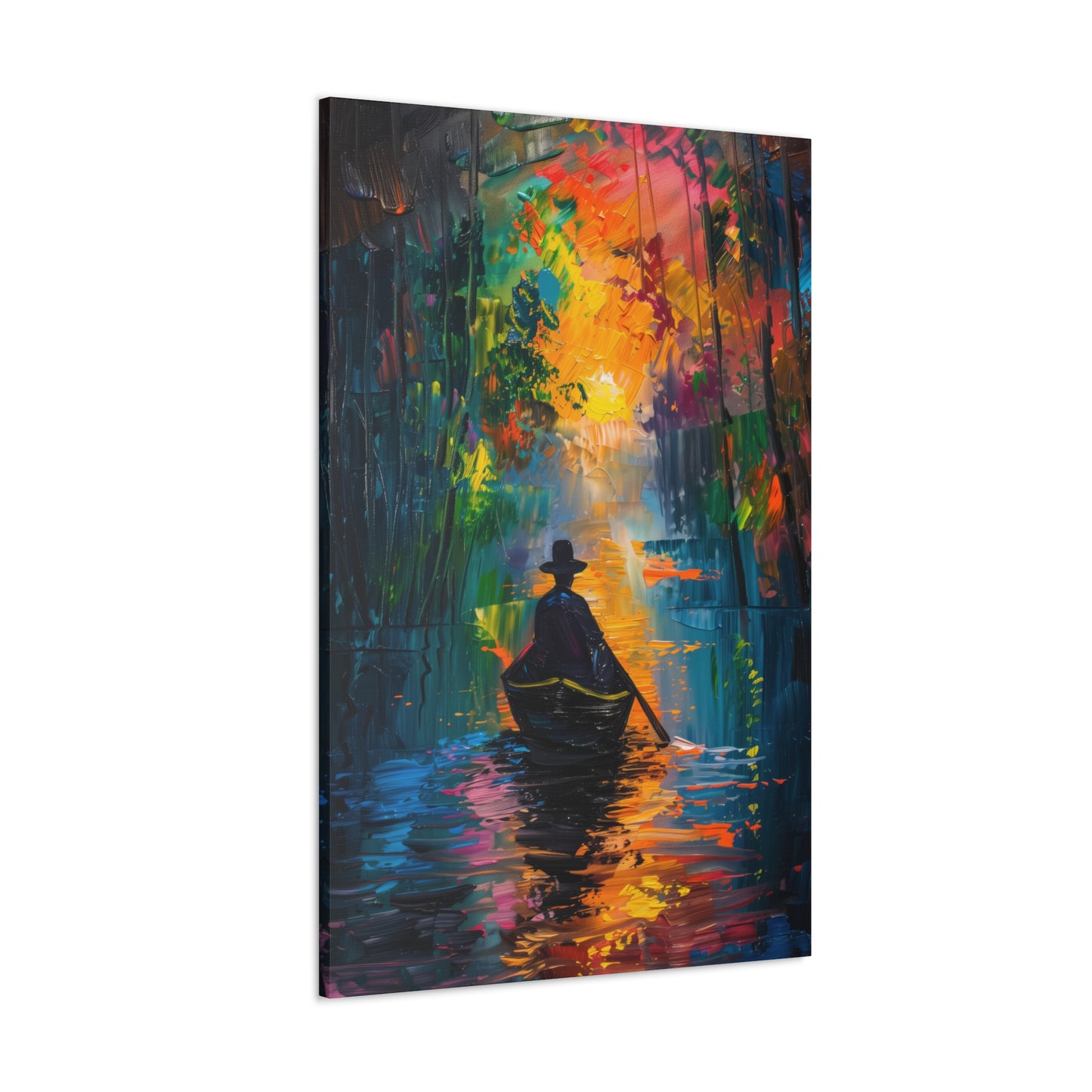 Man Sailing in a Boat in a Autumn Forest River - Claude Monet Style Digital Print Canvas Gallery Wraps