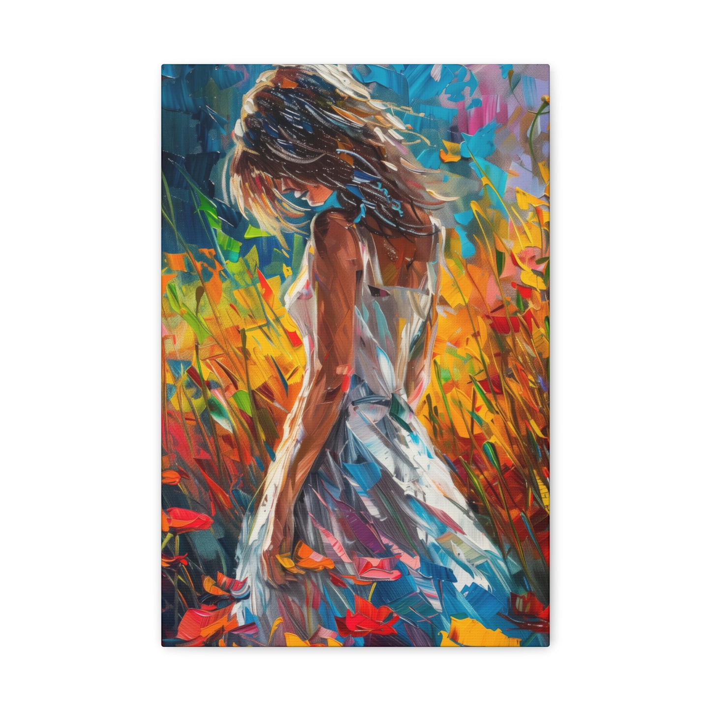 a girl standing in flower field Digital Oil Painting Print Canvas Gallery Wraps