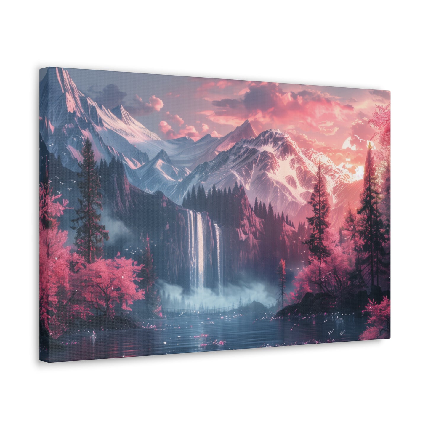 Dreamy Landscape Sunset with Waterfall and Mountains - Digital Illustration Canvas Gallery Wraps