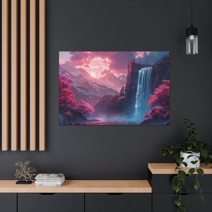 Dreamy Landscape Sunset with Waterfall and Mountains - Digital Illustration Canvas Gallery Wraps