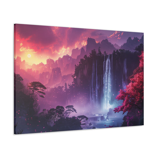 Dreamy Landscape Sunset with Waterfall and Mountains - Digital Illustration Canvas Gallery Wraps