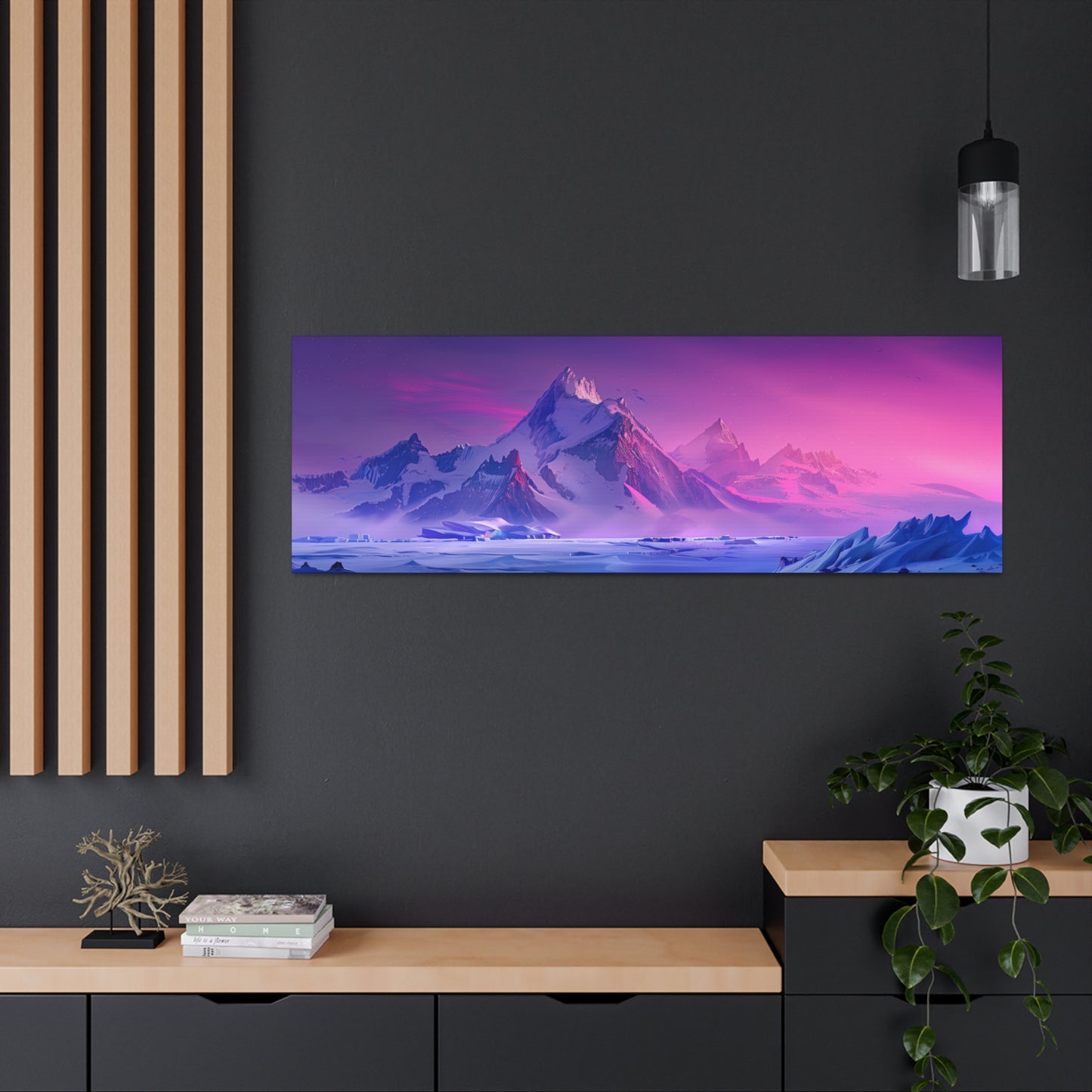 Snowy Mountain Evening in Antarctica - Digital Landscape Illustration Panorama Canvas Gallery Wraps