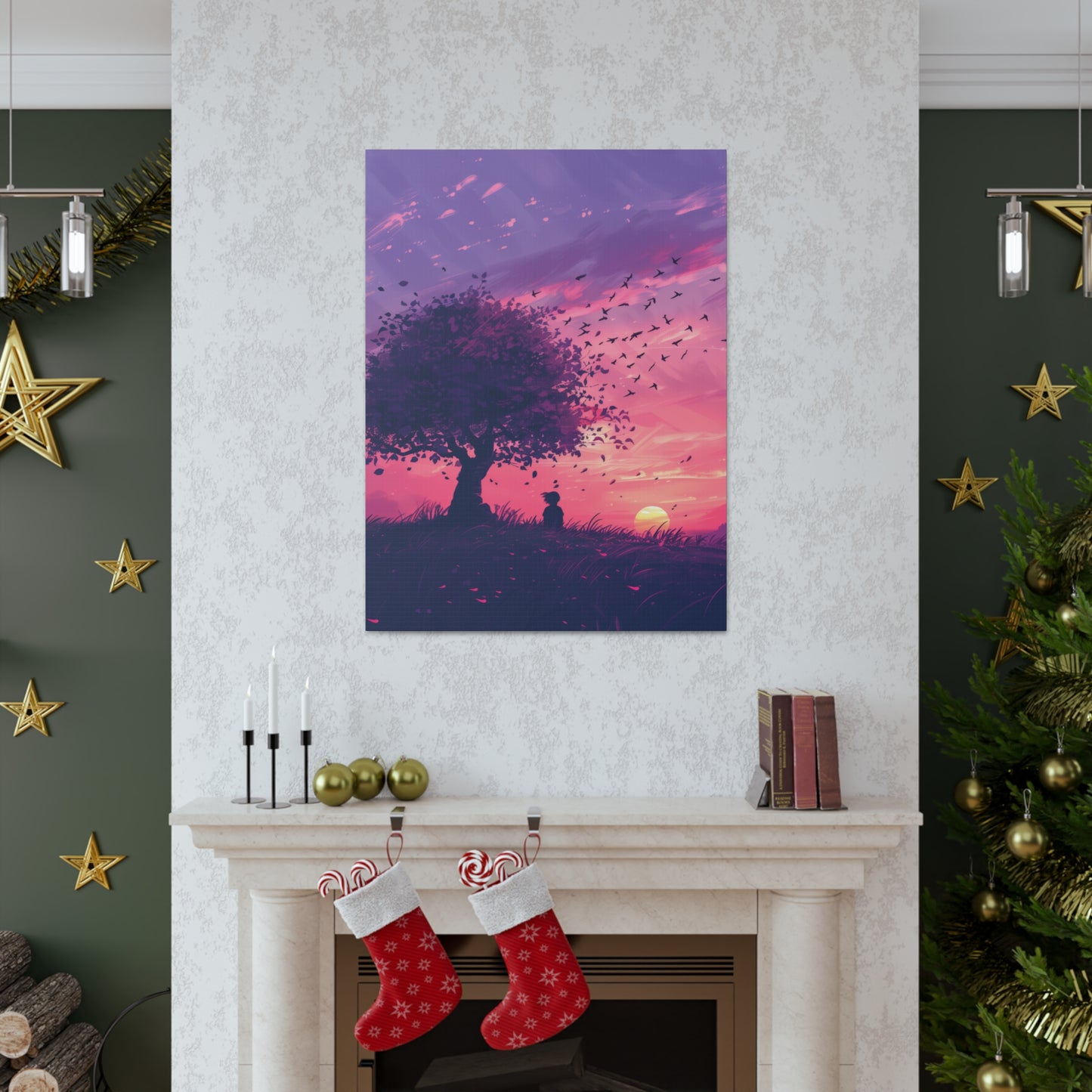 Tree in a Purple Sunset Digital Illustration Canvas Gallery Wraps