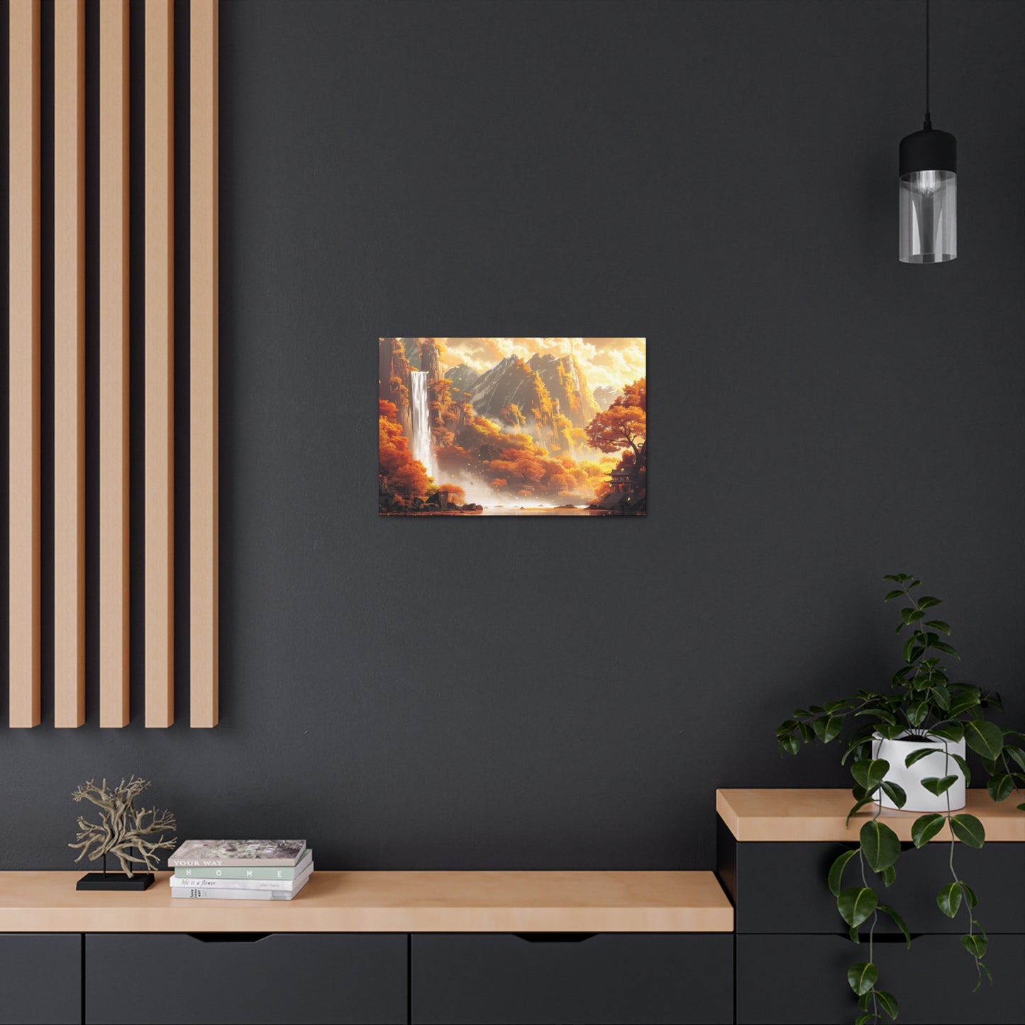 Dreamy Landscape Sunset with Waterfall and Mountains - Digital Illustration Canvas Gallery Wraps