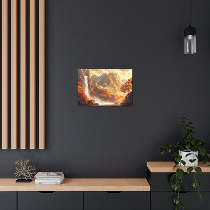 Dreamy Landscape Sunset with Waterfall and Mountains - Digital Illustration Canvas Gallery Wraps