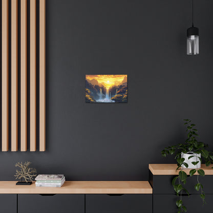 Dreamy Landscape - Waterfall and Mountains in Golden Morning Illustration Canvas Gallery Wraps