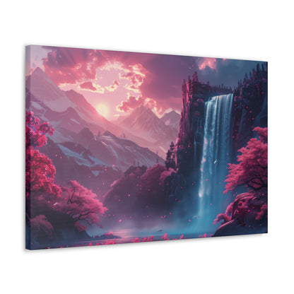 Dreamy Landscape Sunset with Waterfall and Mountains - Digital Illustration Canvas Gallery Wraps