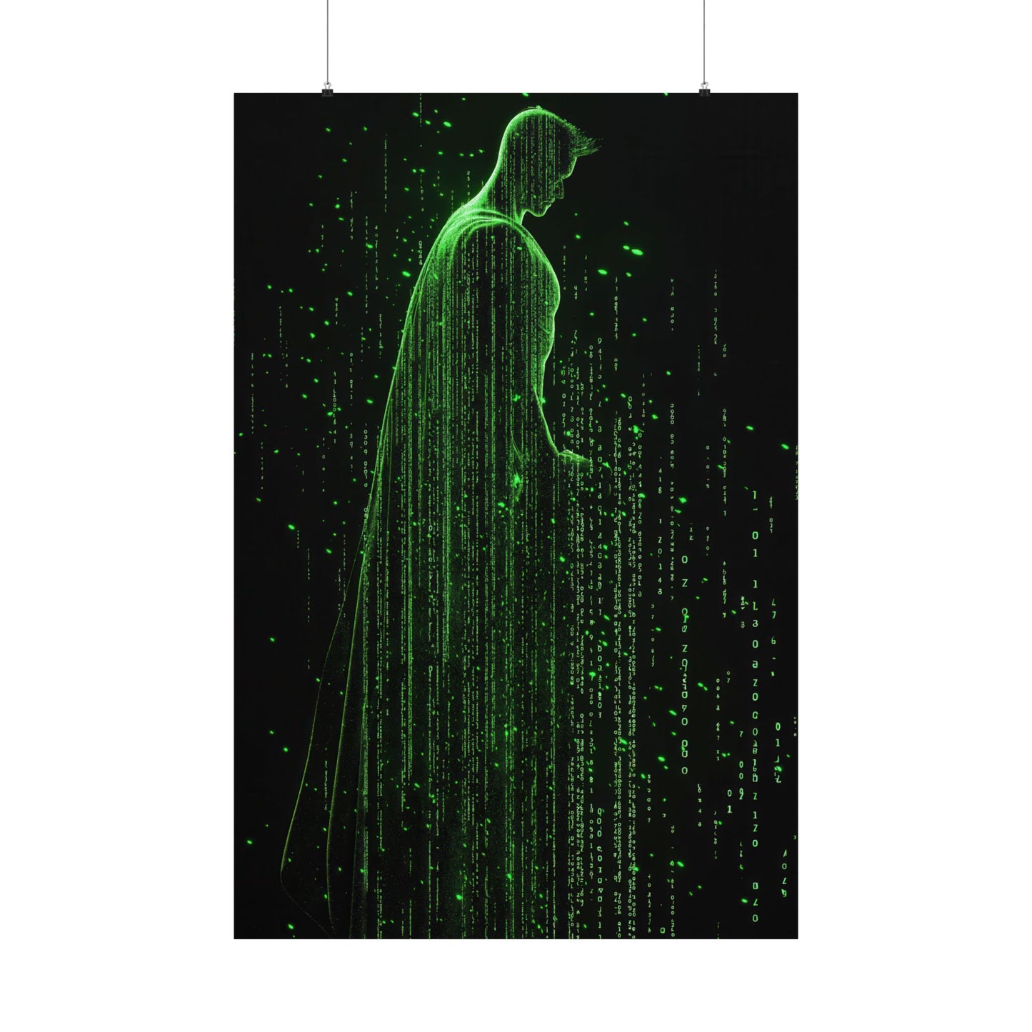 Neon Code Guardian: 3D Glitch Superman Matrix Effect - Digital Illustration Matte Vertical Poster