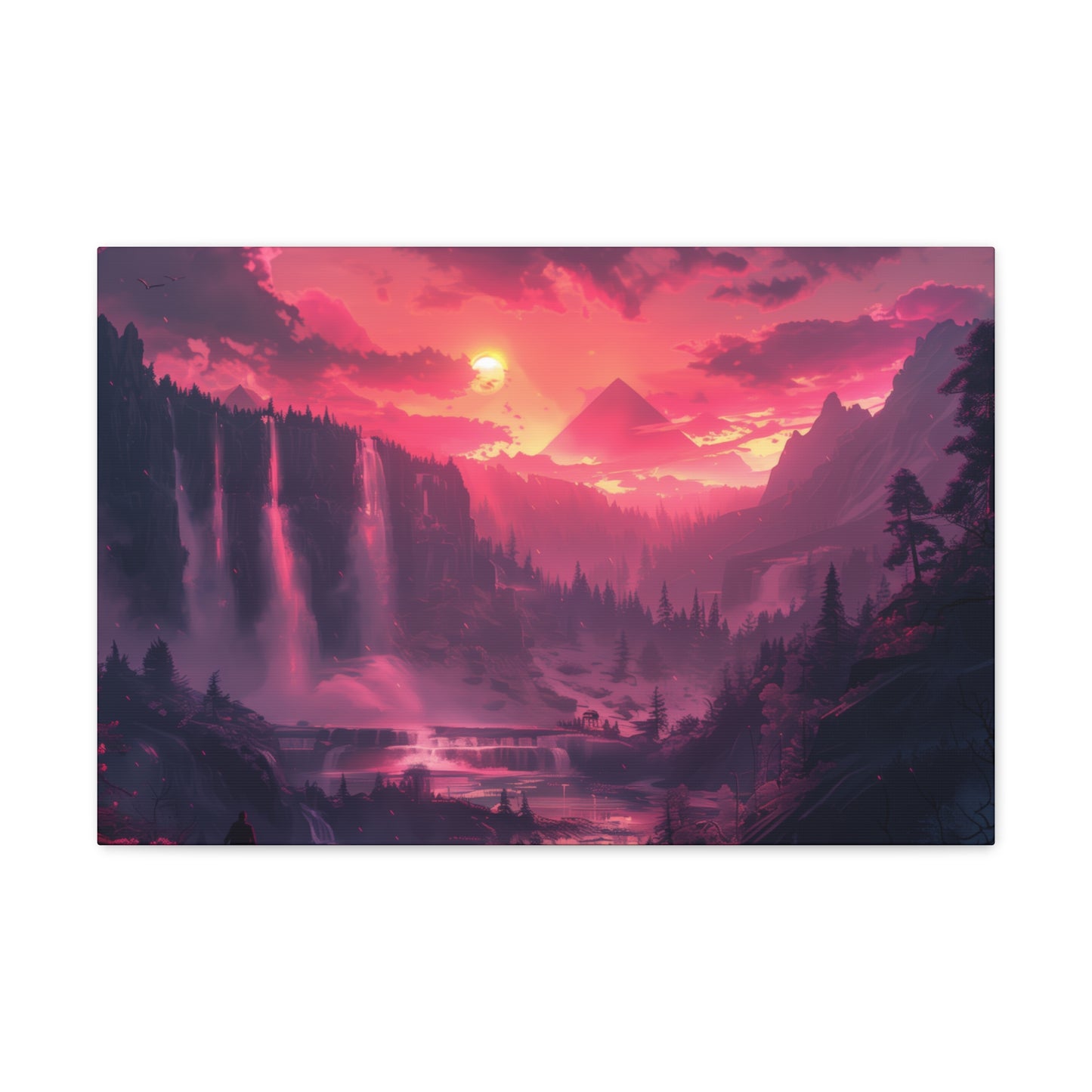 Dreamy Landscape with Waterfall and Mountains - Purple Evening Digital Illustration Canvas Gallery Wraps