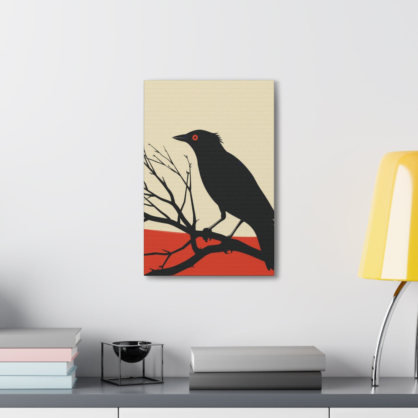 Black Bird Sitting on a Branch Digital Illustration Canvas Gallery Wraps