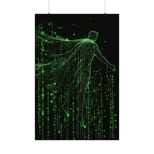 Neon Code Guardian: 3D Glitch Superman Matrix Effect - Digital Illustration Matte Vertical Poster