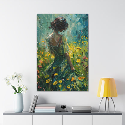 girl in a flower field wearing a green dress Digital Oil Painting Print Canvas Gallery Wraps