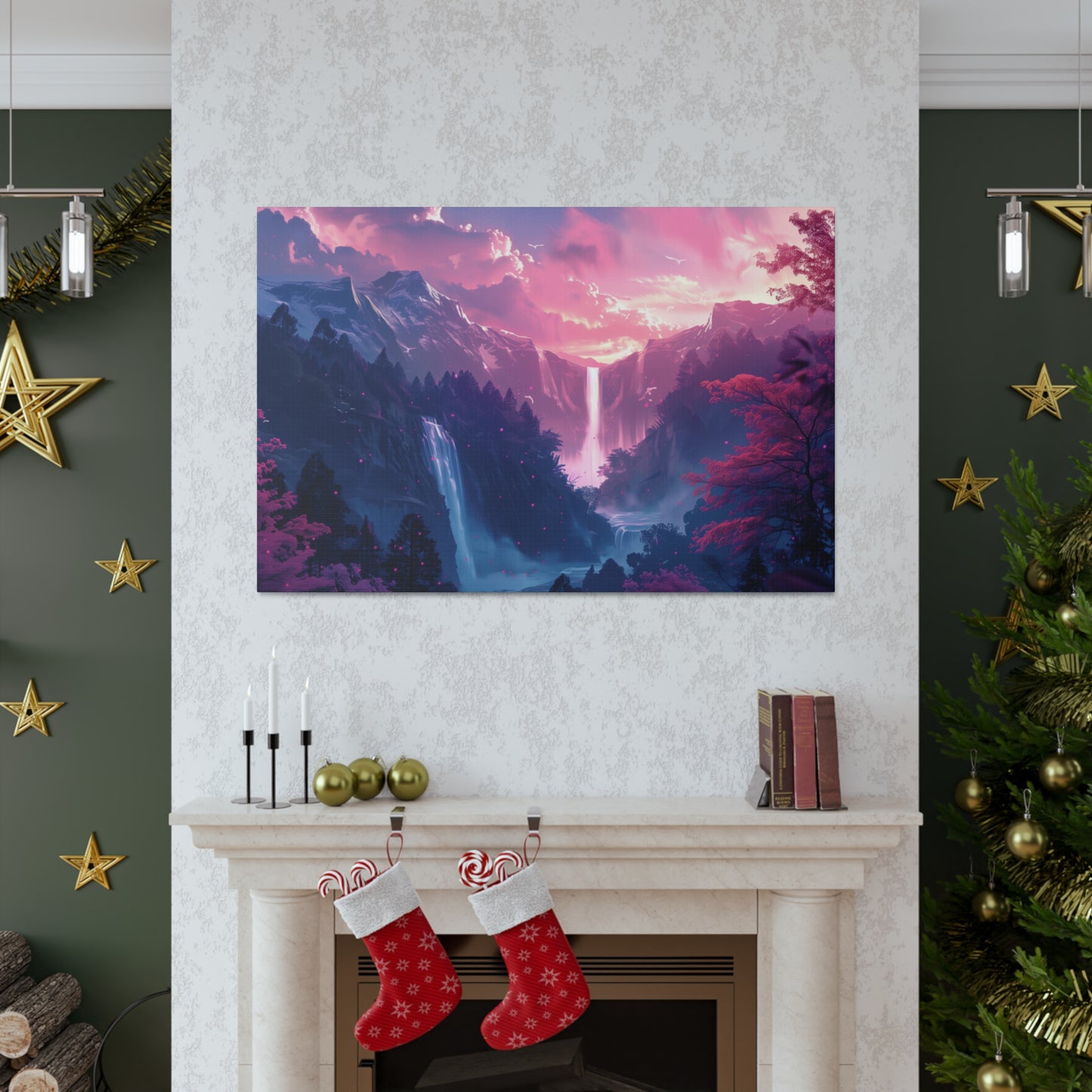 Dreamy Landscape with Waterfall and Mountains - Purple Evening Digital Illustration Canvas Gallery Wraps