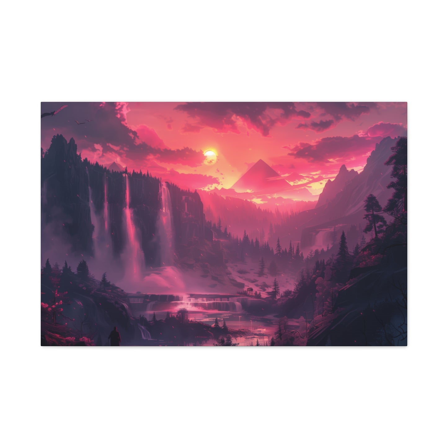 Dreamy Landscape with Waterfall and Mountains - Purple Evening Digital Illustration Canvas Gallery Wraps