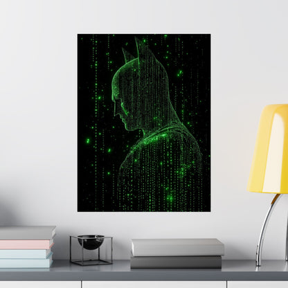 Neon Code Vigilante: 3D Glitch Batman Matrix Effect - Digital Illustration Matte Vertical Poster