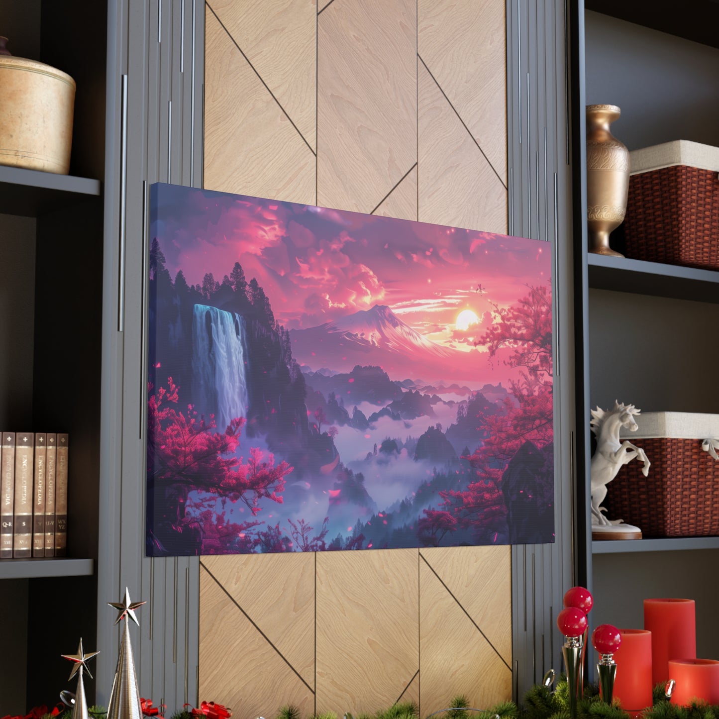 Dreamy Landscape Sunset with Waterfall and Mountains - Digital Illustration Canvas Gallery Wraps