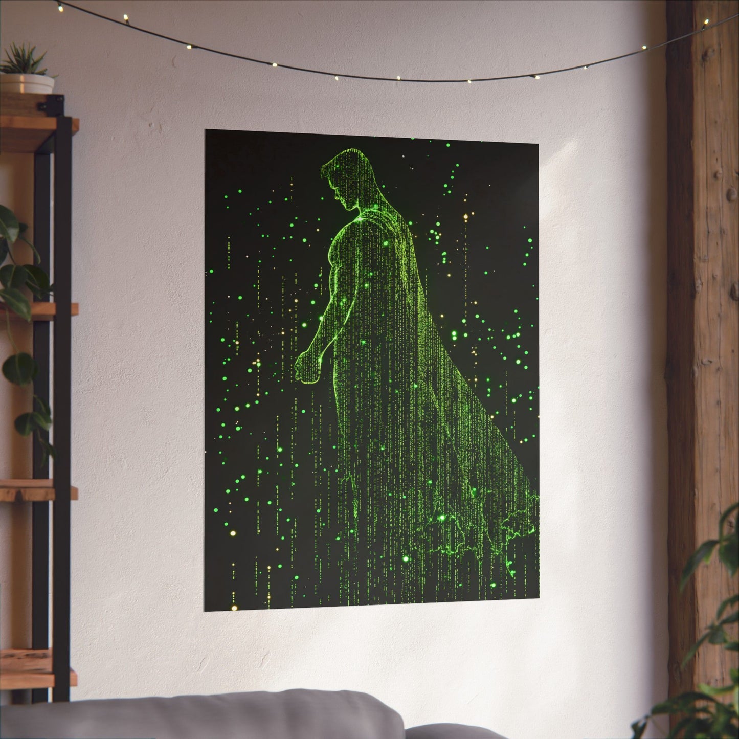 Neon Code Guardian: 3D Glitch Superman Matrix Effect - Digital Illustration Matte Vertical Poster