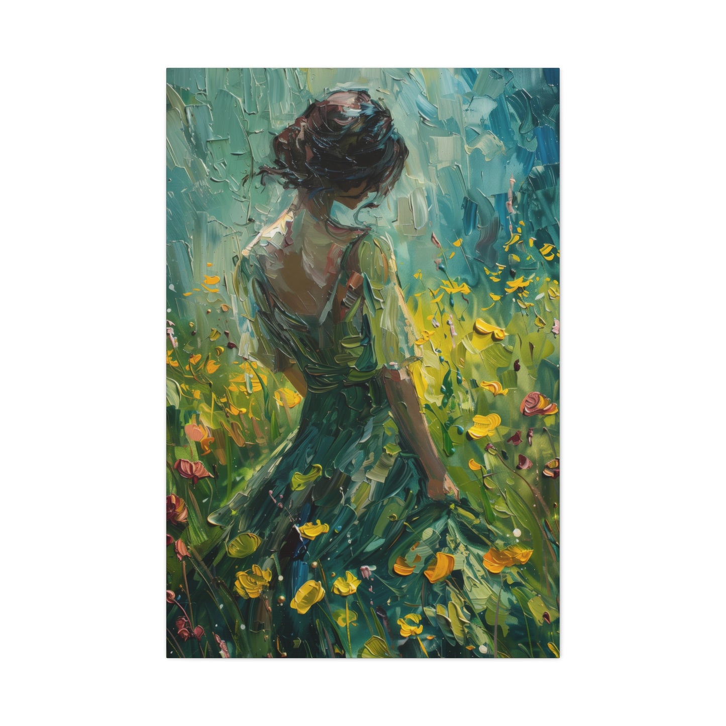 girl in a flower field wearing a green dress Digital Oil Painting Print Canvas Gallery Wraps