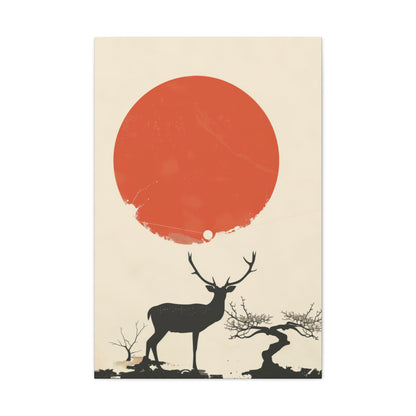 Deer and Sun - Takeshi Kitano Style Digital Illustration Canvas Gallery Wraps