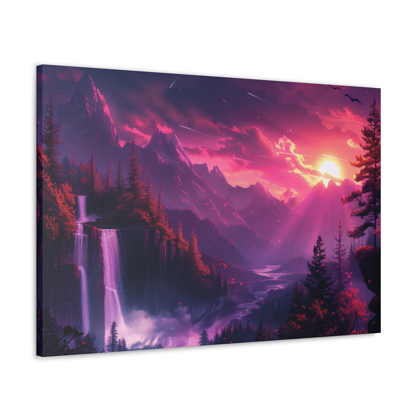 Dreamy Landscape with Waterfall and Mountains - Purple Evening Digital Illustration Canvas Gallery Wraps