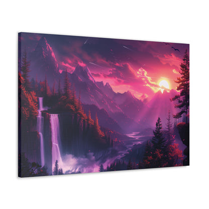 Dreamy Landscape with Waterfall and Mountains - Purple Evening Digital Illustration Canvas Gallery Wraps