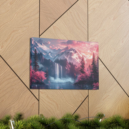 Dreamy Landscape Sunset with Waterfall and Mountains - Digital Illustration Canvas Gallery Wraps