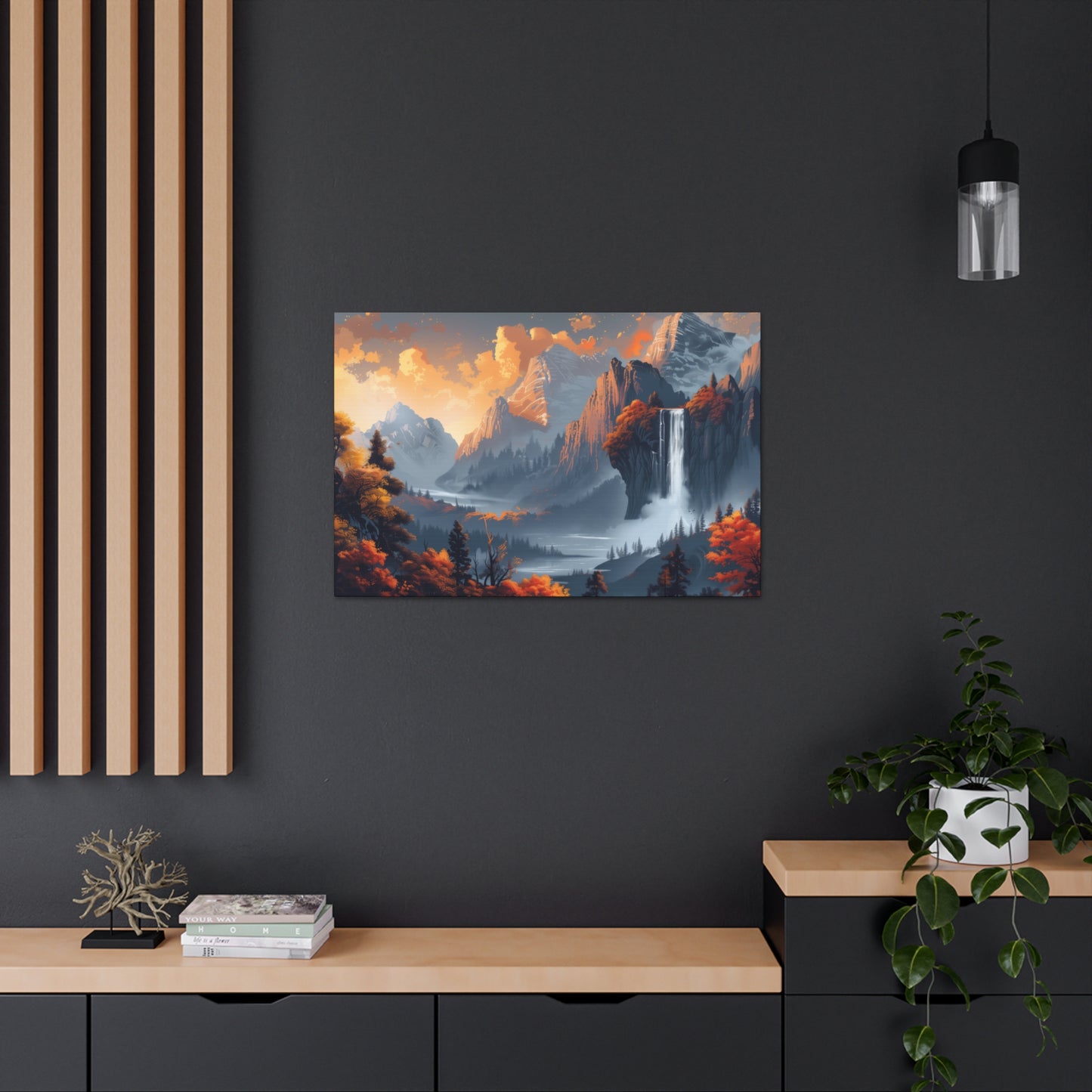 Dreamy Landscape Morning with Waterfall and Mountains - Digital Illustration Canvas Gallery Wraps