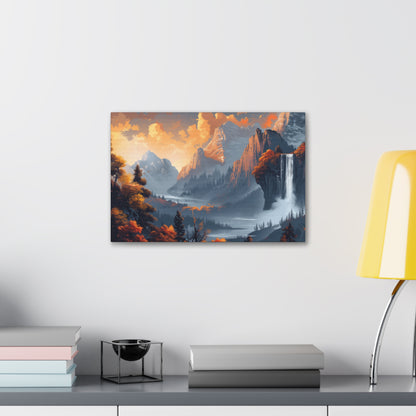 Dreamy Landscape Morning with Waterfall and Mountains - Digital Illustration Canvas Gallery Wraps