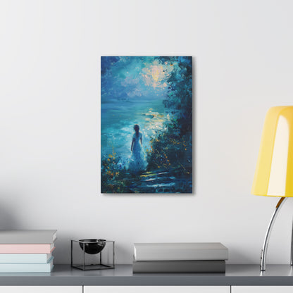 Woman looking at sea night time Digital Oil Painting Print Canvas Gallery Wraps