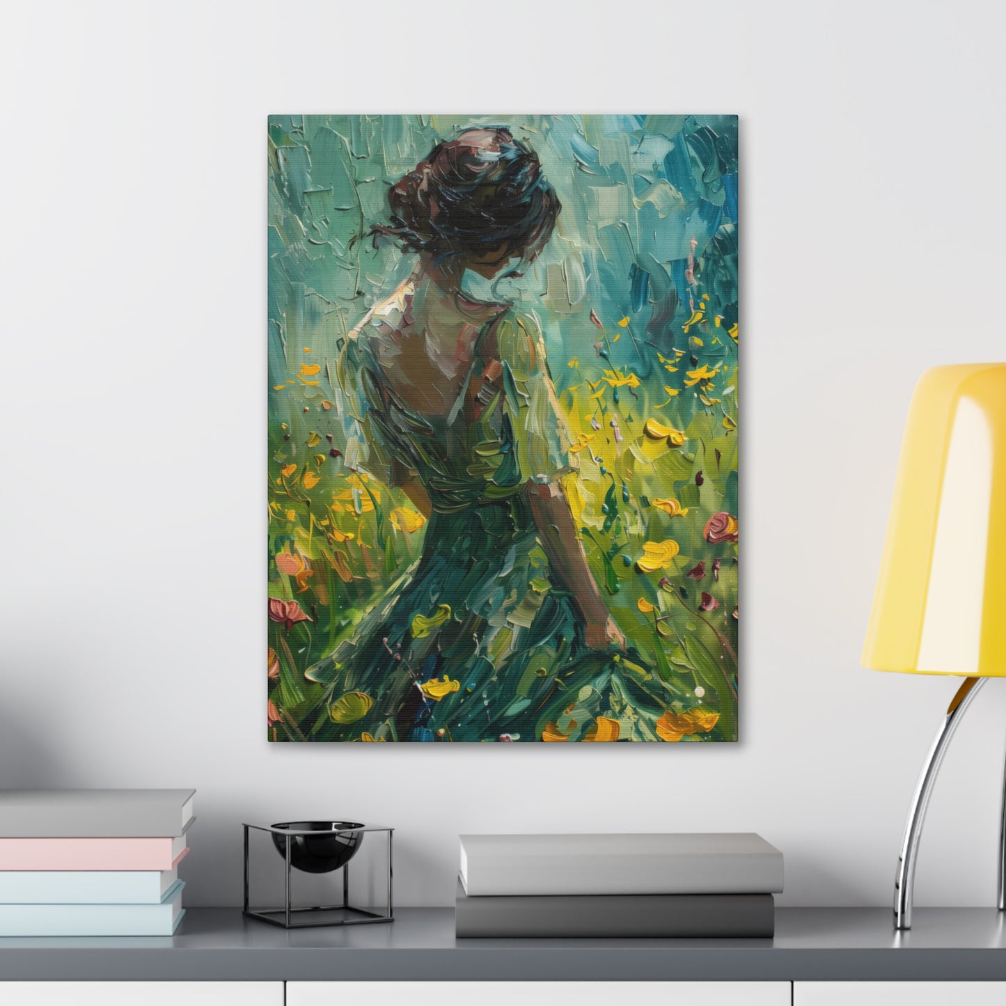 girl in a flower field wearing a green dress Digital Oil Painting Print Canvas Gallery Wraps