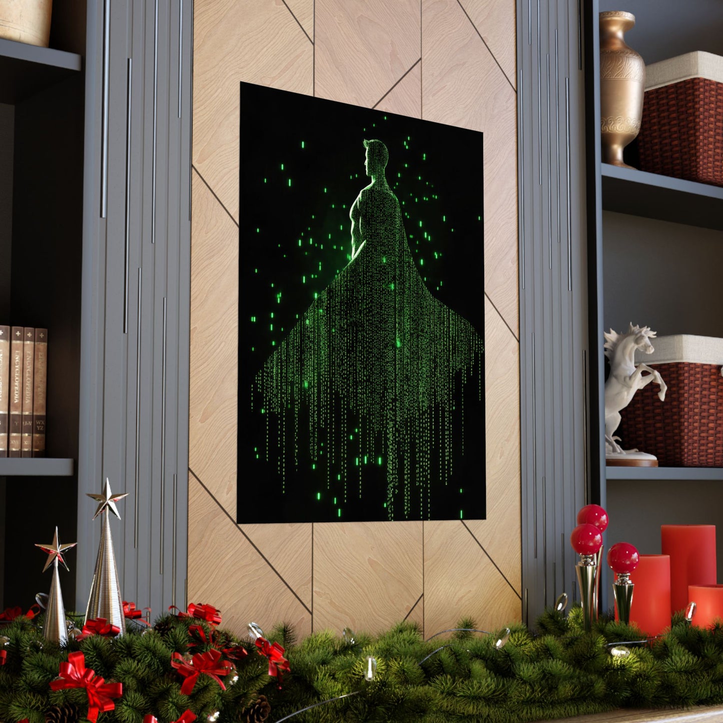 Neon Code Guardian: 3D Glitch Superman Matrix Effect - Digital Illustration Matte Vertical Poster