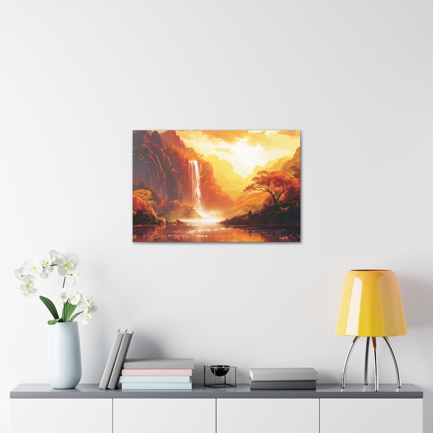 Dreamy Landscape Sunset with Waterfall and Mountains - Digital Illustration Canvas Gallery Wraps