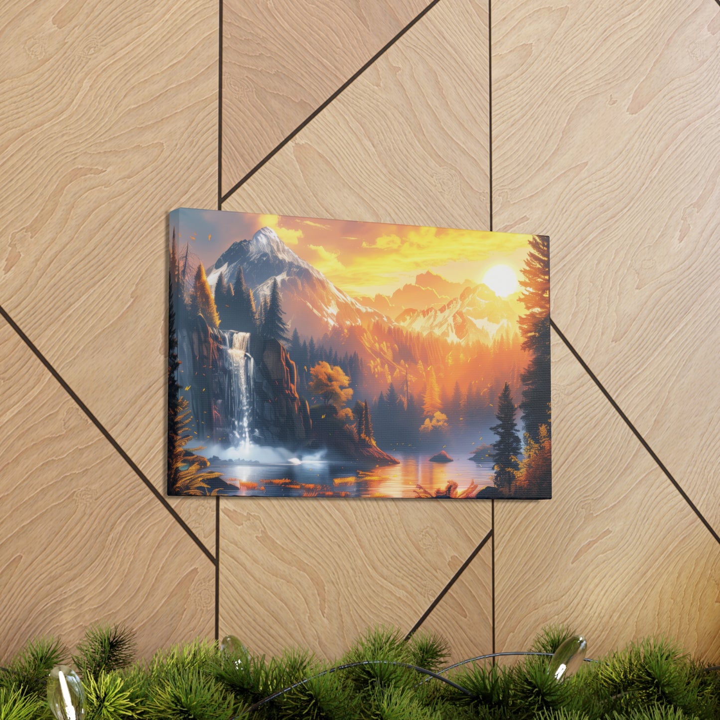 Dreamy Landscape Sunset with Waterfall and Mountains - Digital Illustration Canvas Gallery Wraps