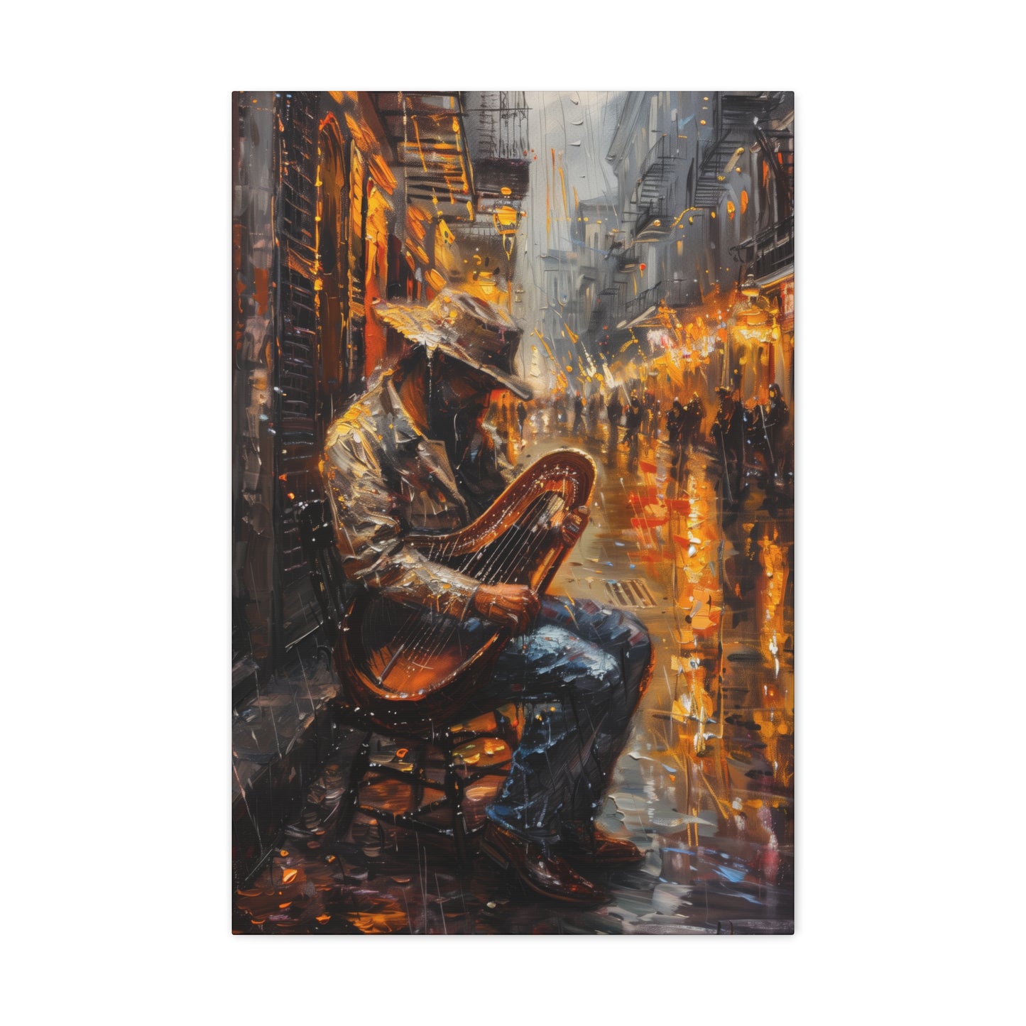 Street Harpist - Rembrandt Style Digital Oil Painting Canvas Gallery Wraps