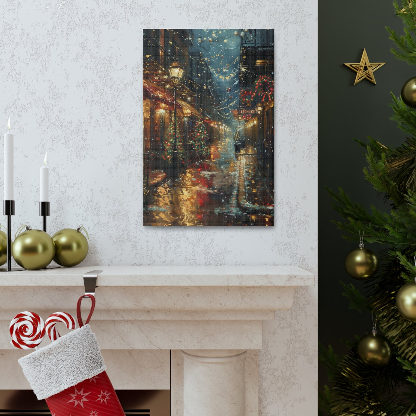 Christmas Time Downtown Street Corner - Rembrandt Style Digital Oil Painting  Canvas Gallery Wraps