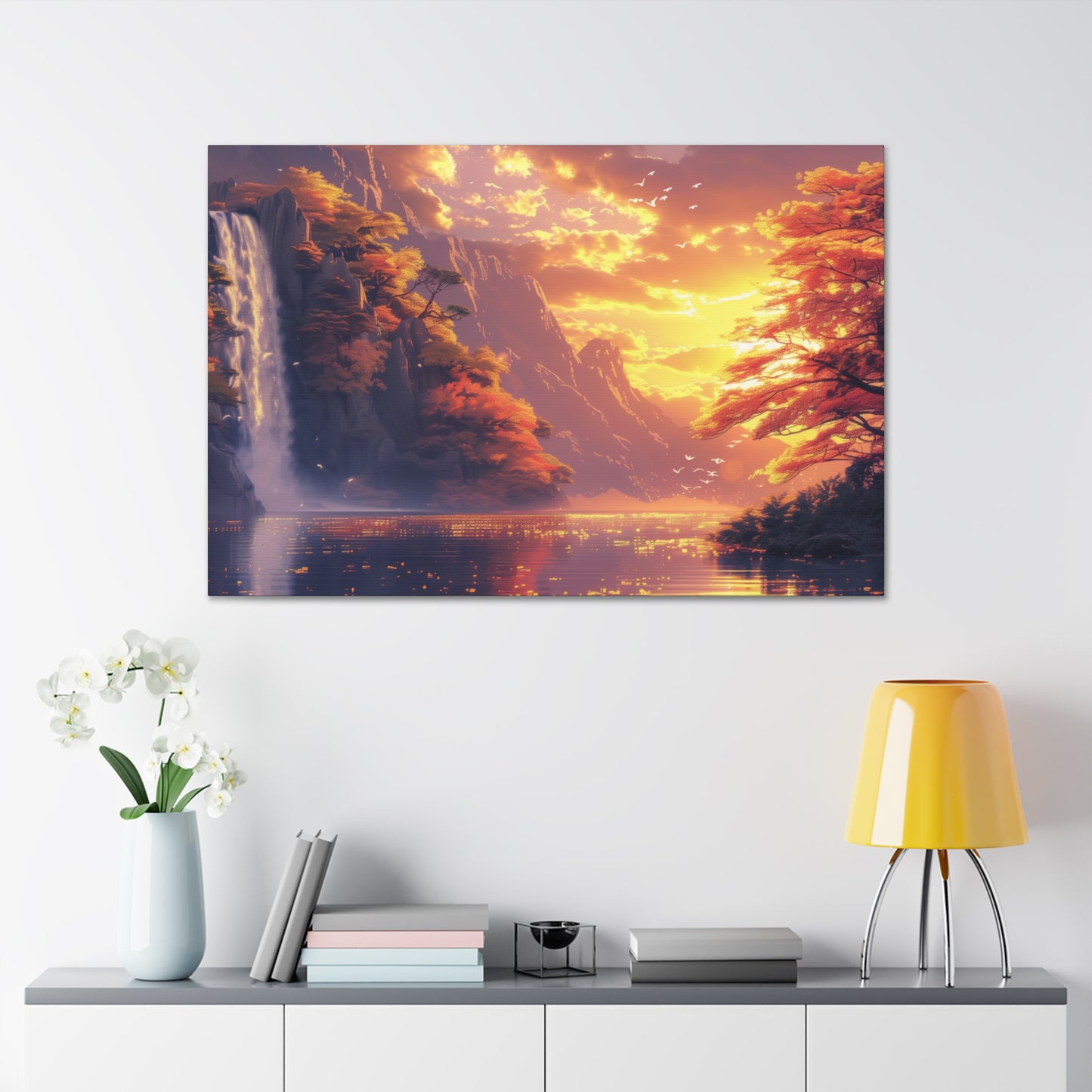 Dreamy Landscape - Waterfall and Mountains in Golden Morning Illustration Canvas Gallery Wraps