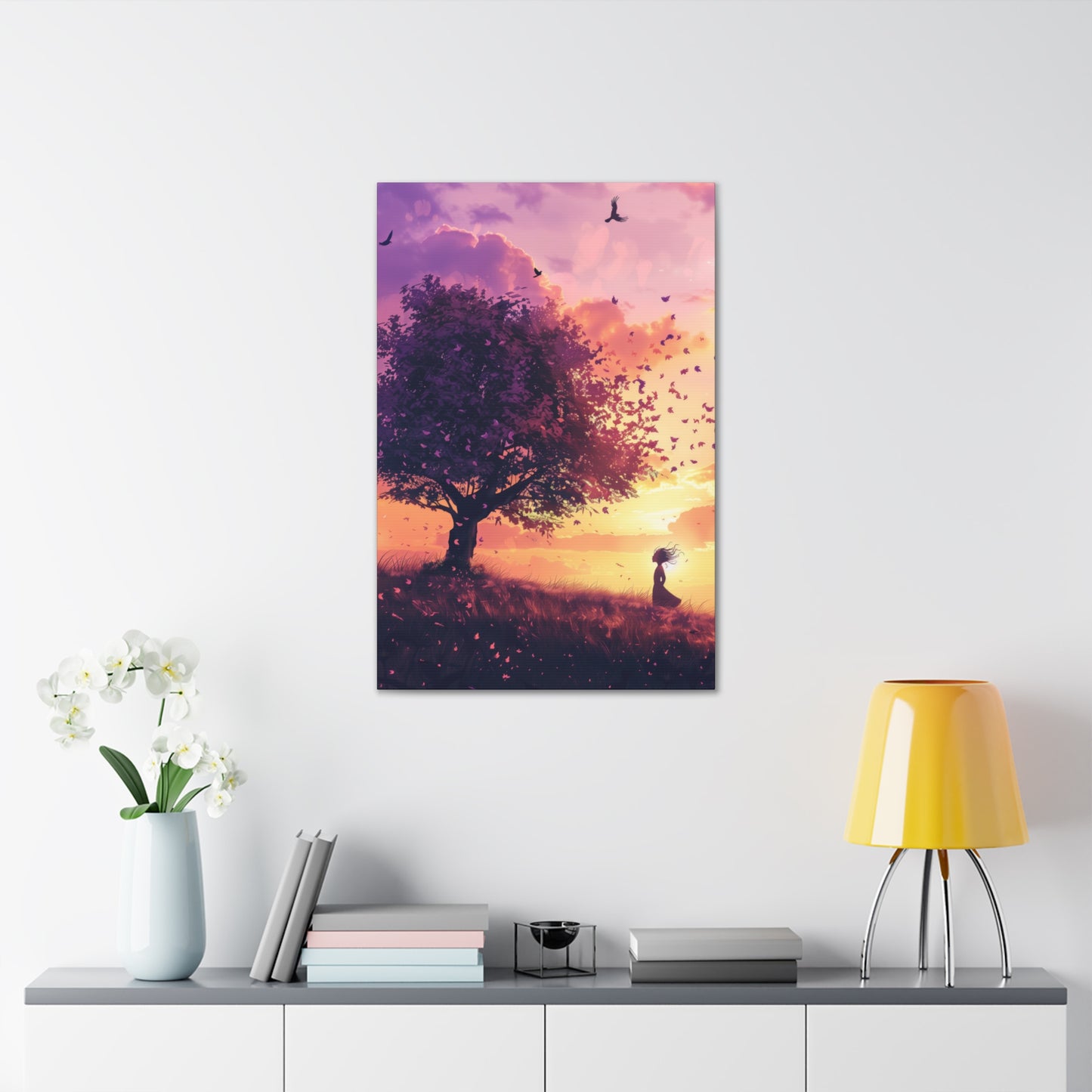 Tree in a Purple Sunset Digital Illustration Canvas Gallery Wraps