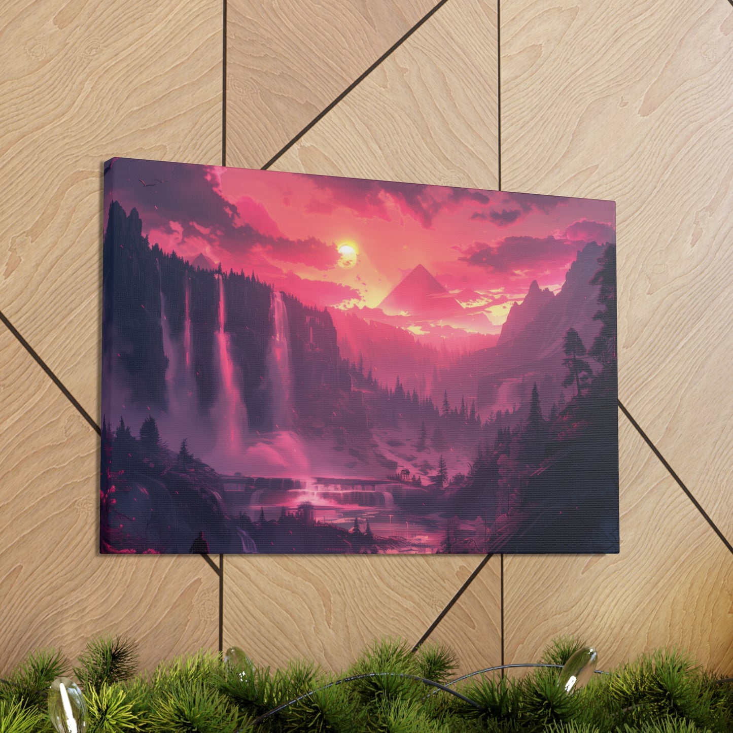 Dreamy Landscape with Waterfall and Mountains - Purple Evening Digital Illustration Canvas Gallery Wraps