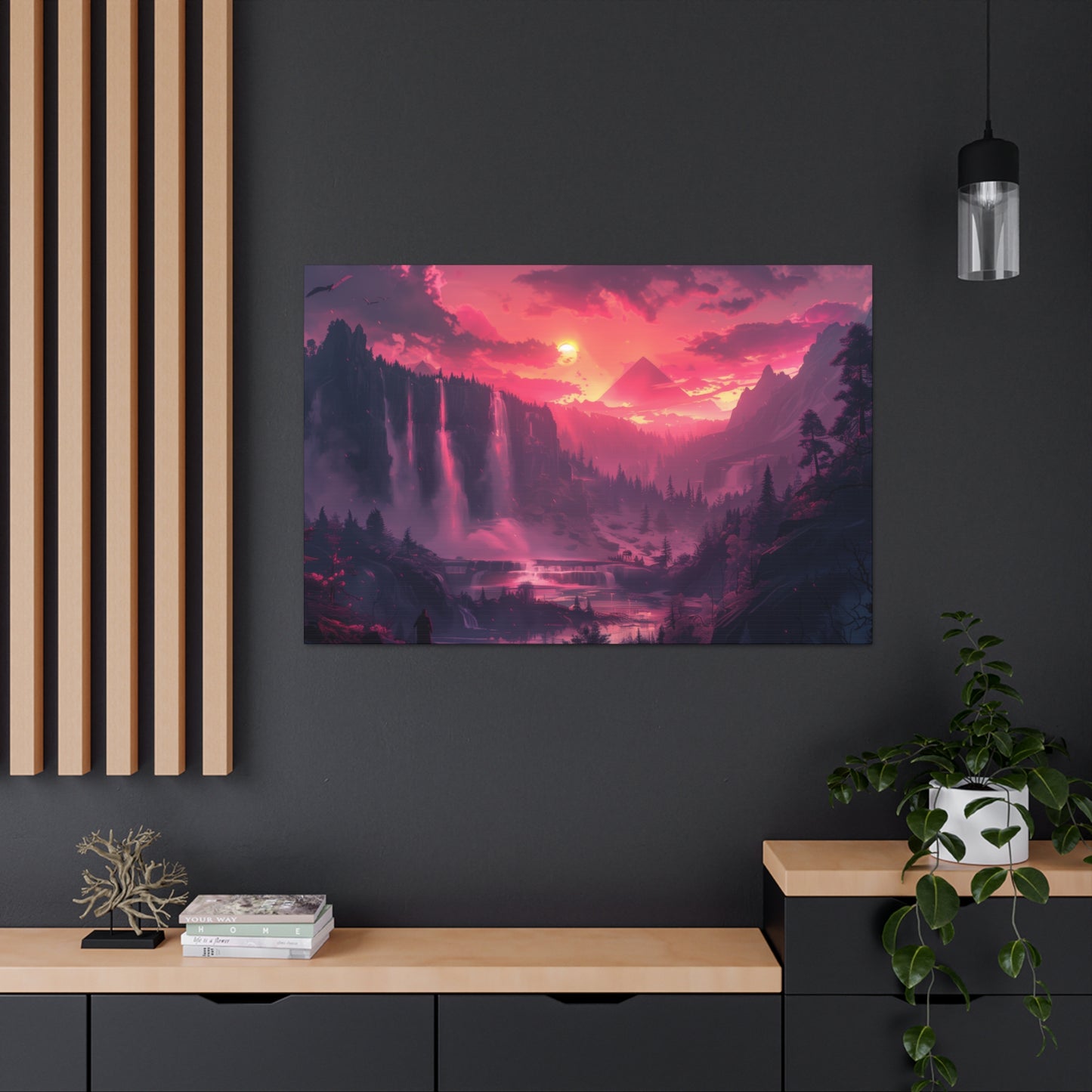 Dreamy Landscape with Waterfall and Mountains - Purple Evening Digital Illustration Canvas Gallery Wraps