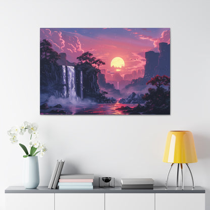 Dreamy Landscape with Waterfall and Mountains - Purple Evening Digital Illustration Canvas Gallery Wraps