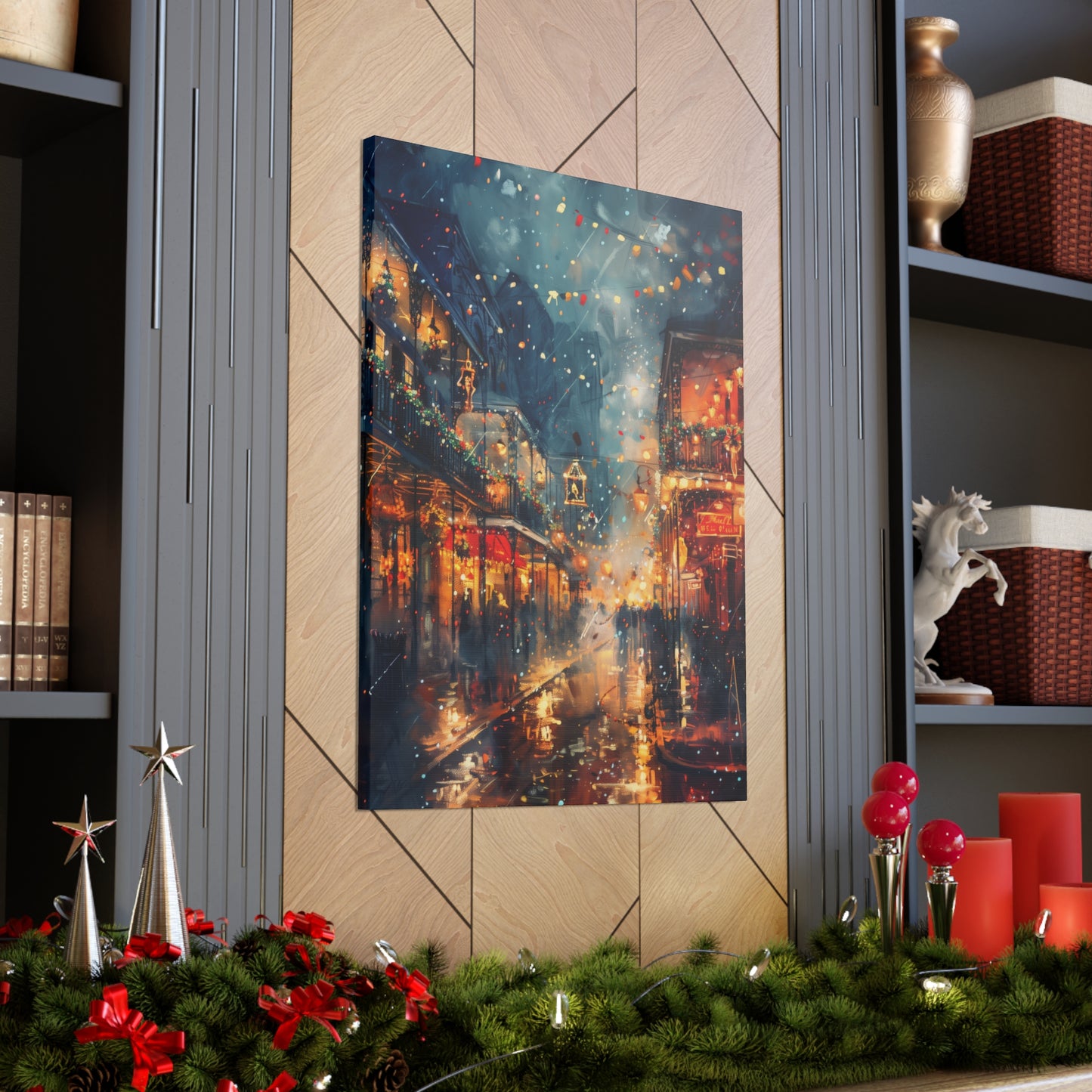 Christmas Street Corner in Downtown - Rembrandt Style Digital Oil Painting  Canvas Gallery Wraps