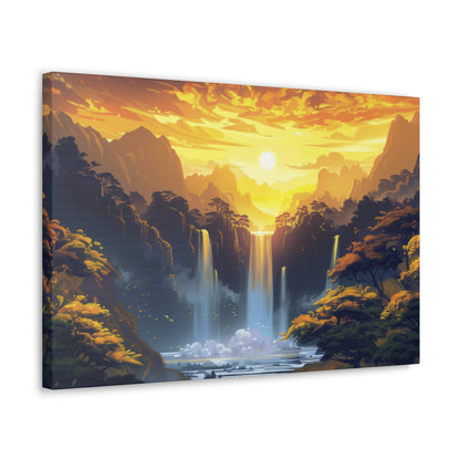 Dreamy Landscape - Waterfall and Mountains in Golden Morning Illustration Canvas Gallery Wraps