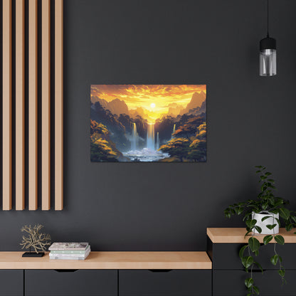 Dreamy Landscape - Waterfall and Mountains in Golden Morning Illustration Canvas Gallery Wraps