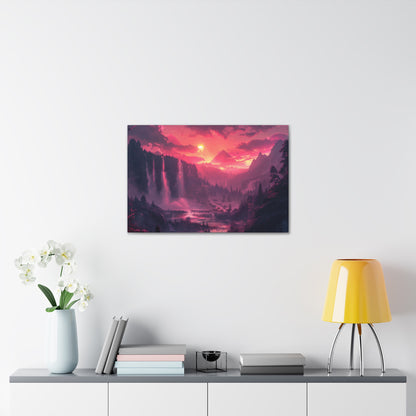 Dreamy Landscape with Waterfall and Mountains - Purple Evening Digital Illustration Canvas Gallery Wraps