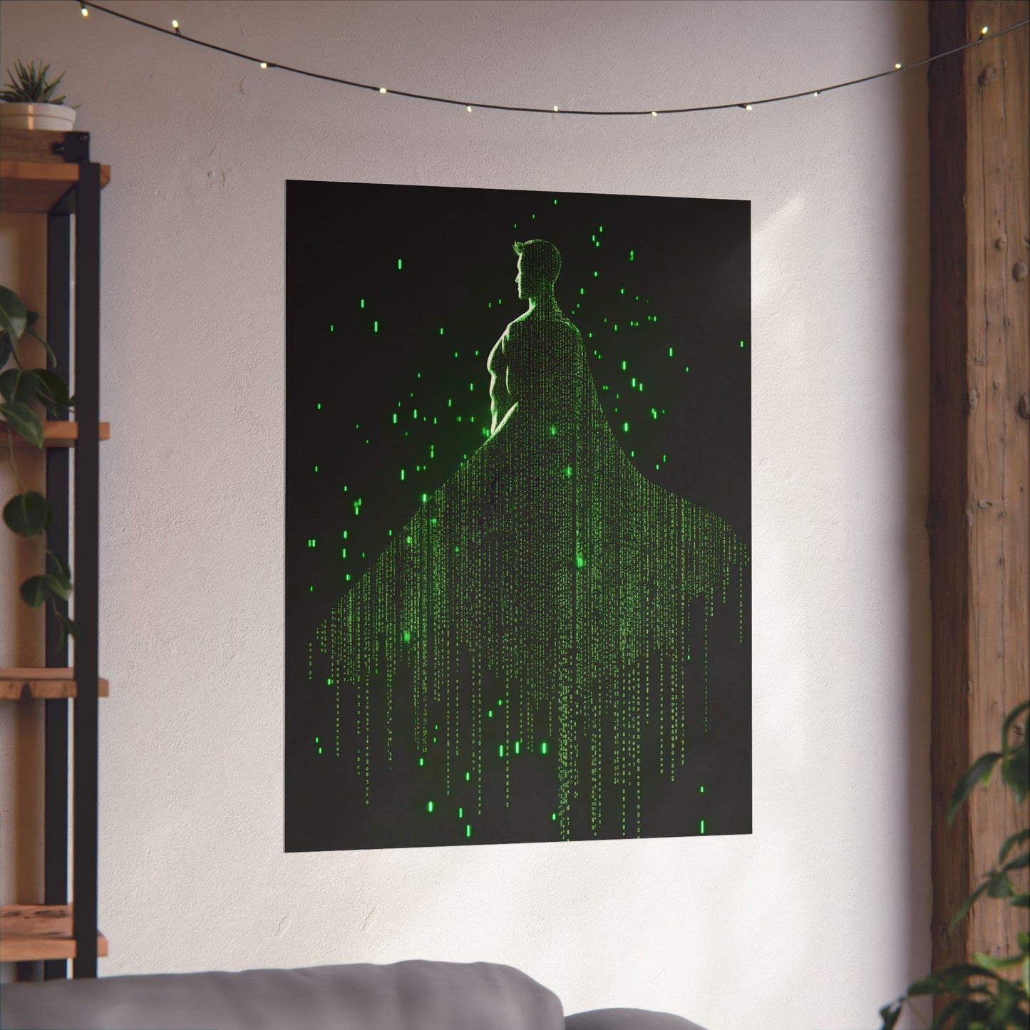 Neon Code Guardian: 3D Glitch Superman Matrix Effect - Digital Illustration Matte Vertical Poster